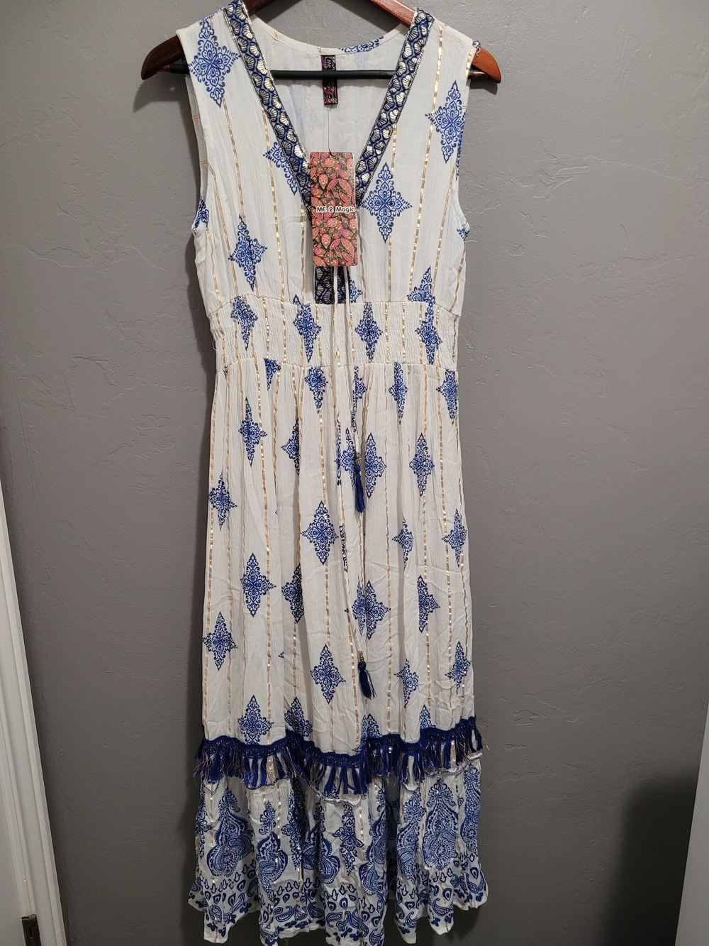 Boho White Maxi Dress with Blue Print and Tassel Waist